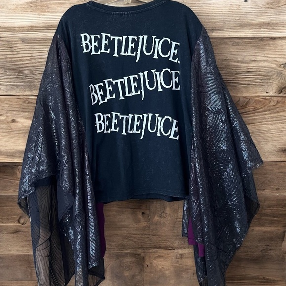 Upcycle Beetlejuice Graphic Black Tee w Angel Wing slv Whimsigoth /29” Pit-Pit - Picture 2 of 4